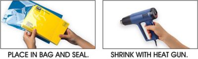 Instructions: 1. Place Item in Bag and Seal, 2. Shrink with Heat Gun
