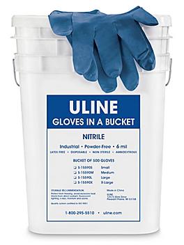 Uline Blue Industrial Nitrile Gloves in a Bucket