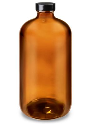 Certified, Clean 32 oz Amber Glass Boston Round Bottles, PTFE