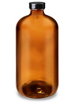 Amber Boston Round Glass Bottles - 32 oz S-15652