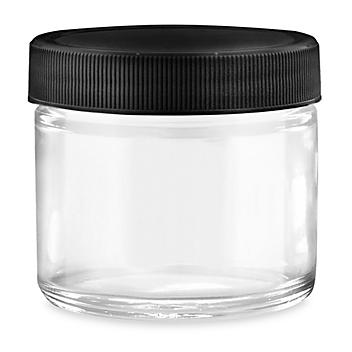 Straight-Sided Glass Jars - 2 oz, Black Plastic Lid S-15846P-BL