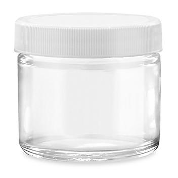 Straight-Sided Glass Jars - 2 oz, White Plastic Lid S-15846P-W