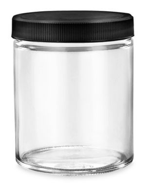 Clear Straight-Sided Glass Jars - 6 oz, Black Plastic Cap S-15847P-BL