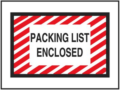 Enveloppes à fenêtre complète – « Packing List Enclosed », 4 1/2 x 6 po, rayures diagonales rouges et blanches