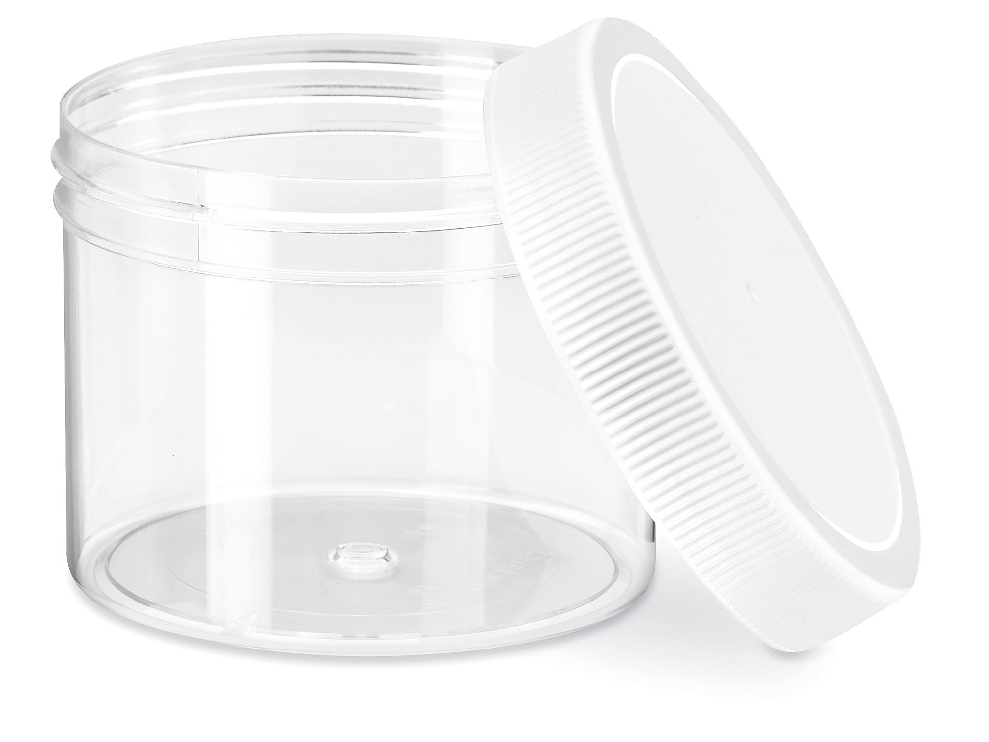 White Round Wide-Mouth Plastic Jars Bulk Pack - 10 oz, Black Cap  S-17039B-BL - Uline