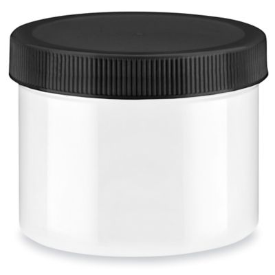 White Round Wide-Mouth Plastic Jars Bulk Pack - 10 oz, Black Cap  S-17039B-BL - Uline