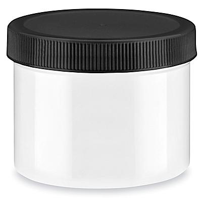 White Round Wide-Mouth Plastic Jars Bulk Pack - 10 oz, Black Cap  S-17039B-BL - Uline