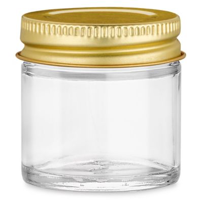 2 oz Clear Glass Jars w/ Plastisol Lined Gold Metal Caps