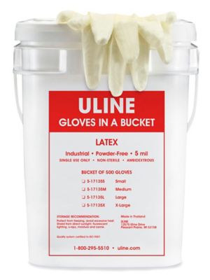 Uline Industrial Latex Gloves in a Bucket - Powder-Free