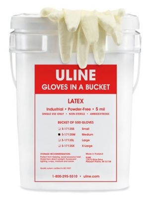 Uline Industrial Latex Gloves in a Bucket - Powder-Free, Medium S-17135M