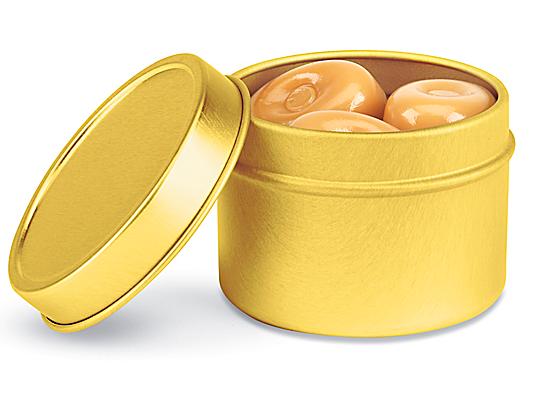 Deep Metal Tins - Round, 2 oz, Solid Lid, Gold - ULINE - Carton of 48 - S-17905GOLD