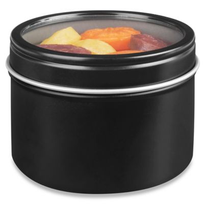 Deep Metal Tins - Round, 4 oz, Window Lid, Black - ULINE - Carton of 48 - S-17909BL