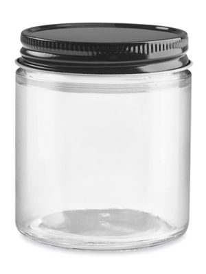 Clear Straight-Sided Glass Jars - 12 oz, Black Metal Cap S-22916M-BL - Uline