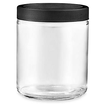 Straight-Sided Glass Jars - 8 oz, Black Plastic Lid S-17983P-BL