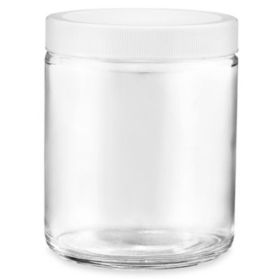 Clear Straight-Sided Glass Jars - 8 oz, White Plastic Cap S-17983P-W
