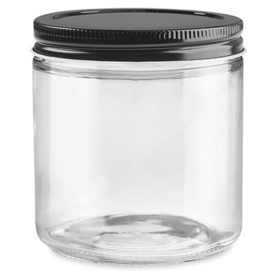 Clear Straight-Sided Glass Jars - 16 oz, Black Metal Cap S-17984M