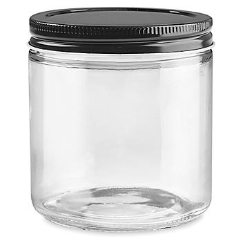 Clear Straight-Sided Glass Jars - 16 oz, Black Metal Lid S-17984M-BL