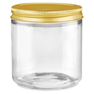 Clear Straight-Sided Glass Jars - 6 oz, Gold Metal Cap S-15847M-GLD - Uline