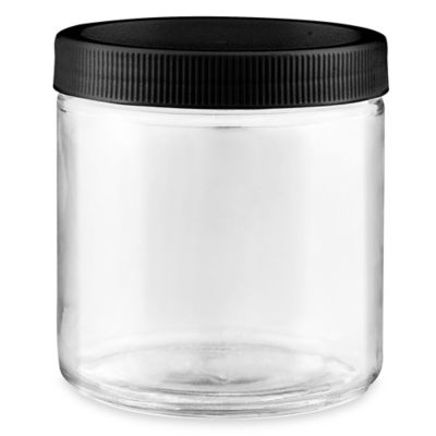 16 Oz. CLEAR GLASS Jar Straight Sided W/ Smooth Black Plastic Cap