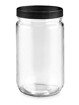 Straight-Sided Glass Jars - 32 oz, Black Plastic Lid S-19316P-BL