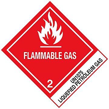 Etiquetas Adhesivas D.O.T (EUA) - "Flammable Gas Liquefied Petroleum Gas ONU 1075", 4 x 4 3/4"