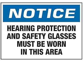 "Hearing Protection and Safety Glasses" Sign - Vinyl, Adhesive-Backed S-20311V
