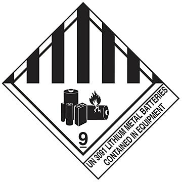 D.O.T. Labels - "Lithium Metal Batteries Contained in Equipment UN 3091", 4 x 4 3/4"