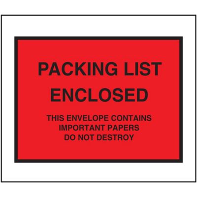"Packing List Enclosed" Full-Face Envelopes - Red, 7 x 6"