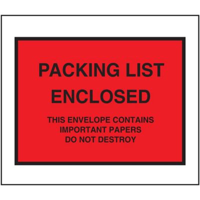 Enveloppes à fenêtre complète – « Packing List Enclosed », 7 x 6 po, rouge