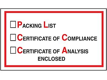 Transportation Envelopes - "Packing List/Cert of Compliance/Cert of Analysis", 5 1/2 x 10" S-2113