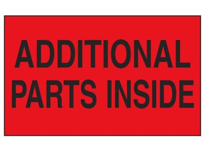 Étiquette adhésive – « Additional Parts Inside », 3 x 5 po, rouge fluorescent