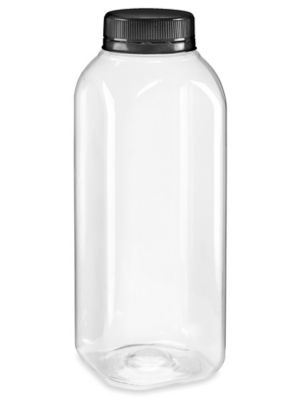 Clear Square Plastic Juice Bottles Bulk Pack 12 oz Black Cap S 21726B BL Uline