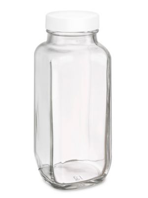 8 oz Clear Glass French Square Bottle with Black Lid