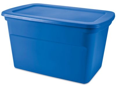 3 Sterilite Storage Bins with Lids: Clear 70 Qt, Gray 30 Gal, & Blue 35 Gal