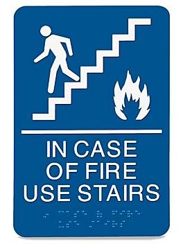 Plastic Access Sign - "In Case Of Fire Use Stairs", Blue S-22035BLU