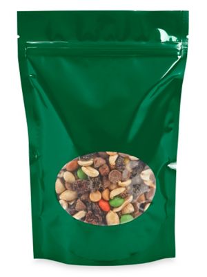 Glossy Stand-Up Barrier Pouches with Window - 6 x 9 x 3", Green S-22243G