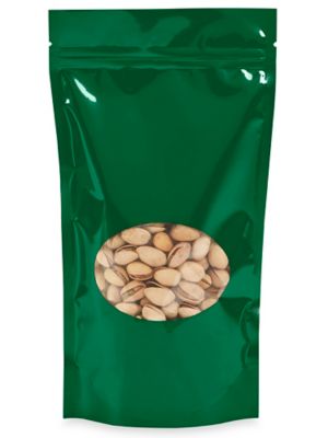 Glossy Stand-Up Barrier Pouches with Window - 6 x 11 x 3", Green S-22244G