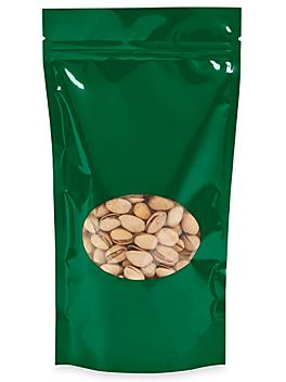 Glossy Stand-Up Barrier Pouches with Window - 6 x 11 x 3", Green S-22244G