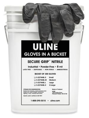  Uline Secure Grip<sup>&trade;</sup> Nitrile Gloves in a Bucket