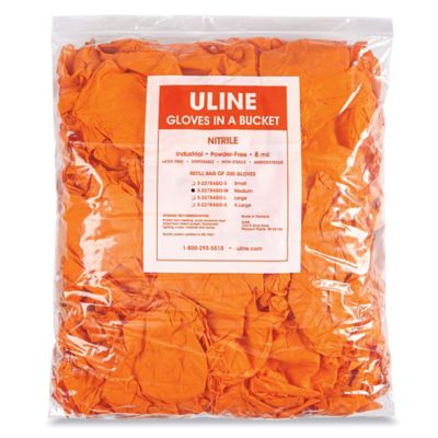 Uline Secure Grip&trade; Nitrile Gloves in a Bucket Refill Bag - Orange, Medium S-22784GO-M