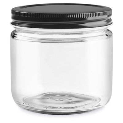 Clear Straight-Sided Glass Jars - 12 oz, Black Metal Cap - ULINE - Case of 12 - S-22916M-BL