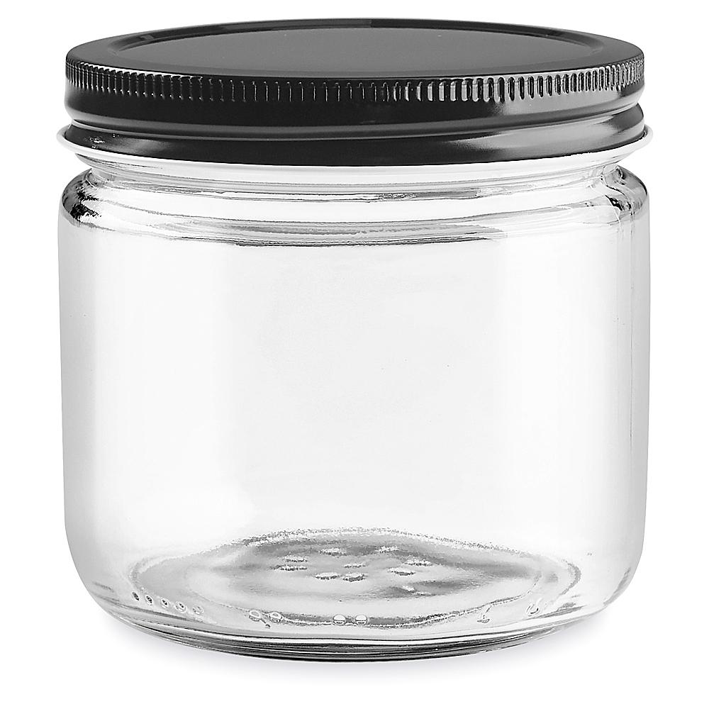 Clear Straight-Sided Glass Jars - 12 oz, Black Metal Cap S-22916M-BL - Uline