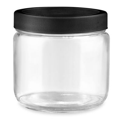 Clear Straight-Sided Glass Jars - 12 oz, Black Metal Cap S-22916M-BL - Uline