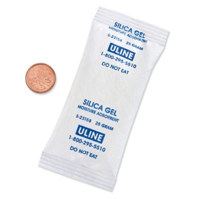 Silica Gel Desiccants - Gram Size 25, 5 Gallon Pail - ULINE - Pail of 300 Bags - S-23158