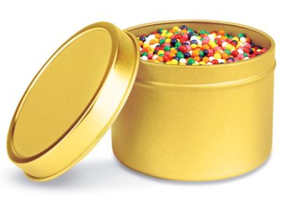 Deep Metal Tins - Round, 6 oz, Solid Lid, Gold - ULINE - Carton of 48 - S-23235GOLD