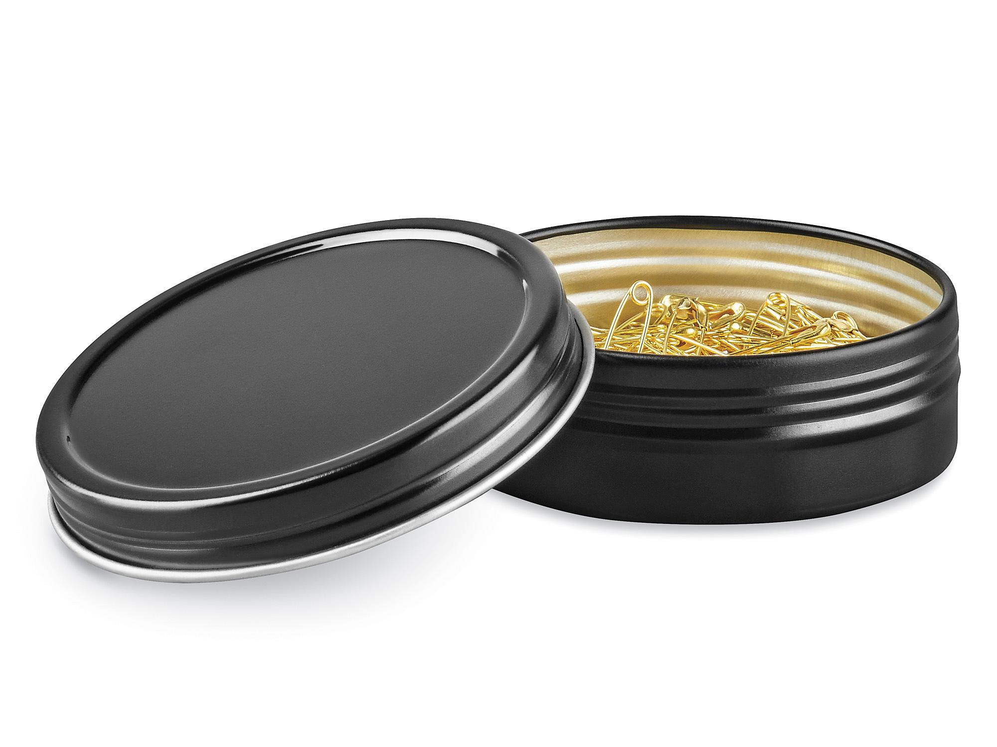 Screw-Top Metal Tins - 2 oz, Shallow, Black S-23419BL - Uline Screw-Top Metal Tins - 2 oz, Shallow, Black S-23419BL - Uline