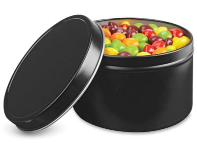 Deep Metal Tins - Round, 4 oz, Solid Lid, Black - ULINE - Carton of 48 - S-17906BL