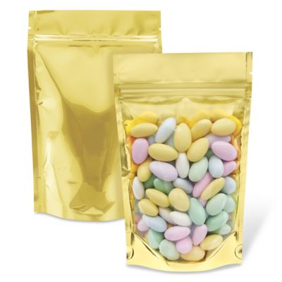 Ultra Clear Stand-Up Barrier Pouches - 5 x 8 x 2 1/2", Gold Back S-23433GLDB