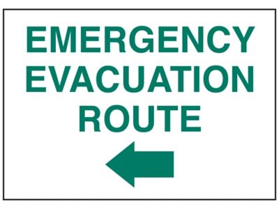 "Emergency Evacuation Route" Arrow Left Sign - Vinyl, Adhesive-Backed S-23488V