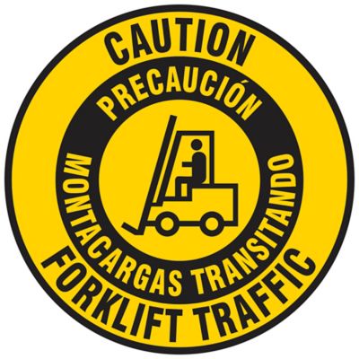 Bilingual English/Spanish Warehouse Floor Sign - "Caution Forklift Traffic", 17" Diameter